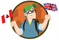 Cartoon Character of Terry Bridle holding up both An American and British Flag
