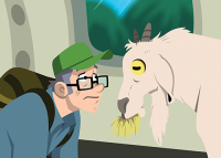 Cartoon of Terry Bridle, face to face with a goat