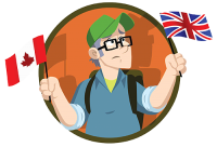 Cartoon Character of Terry Bridle holding a Canadian Flag and a British Flag from his book "A Funny Thing Happened On My Way to Heaven"